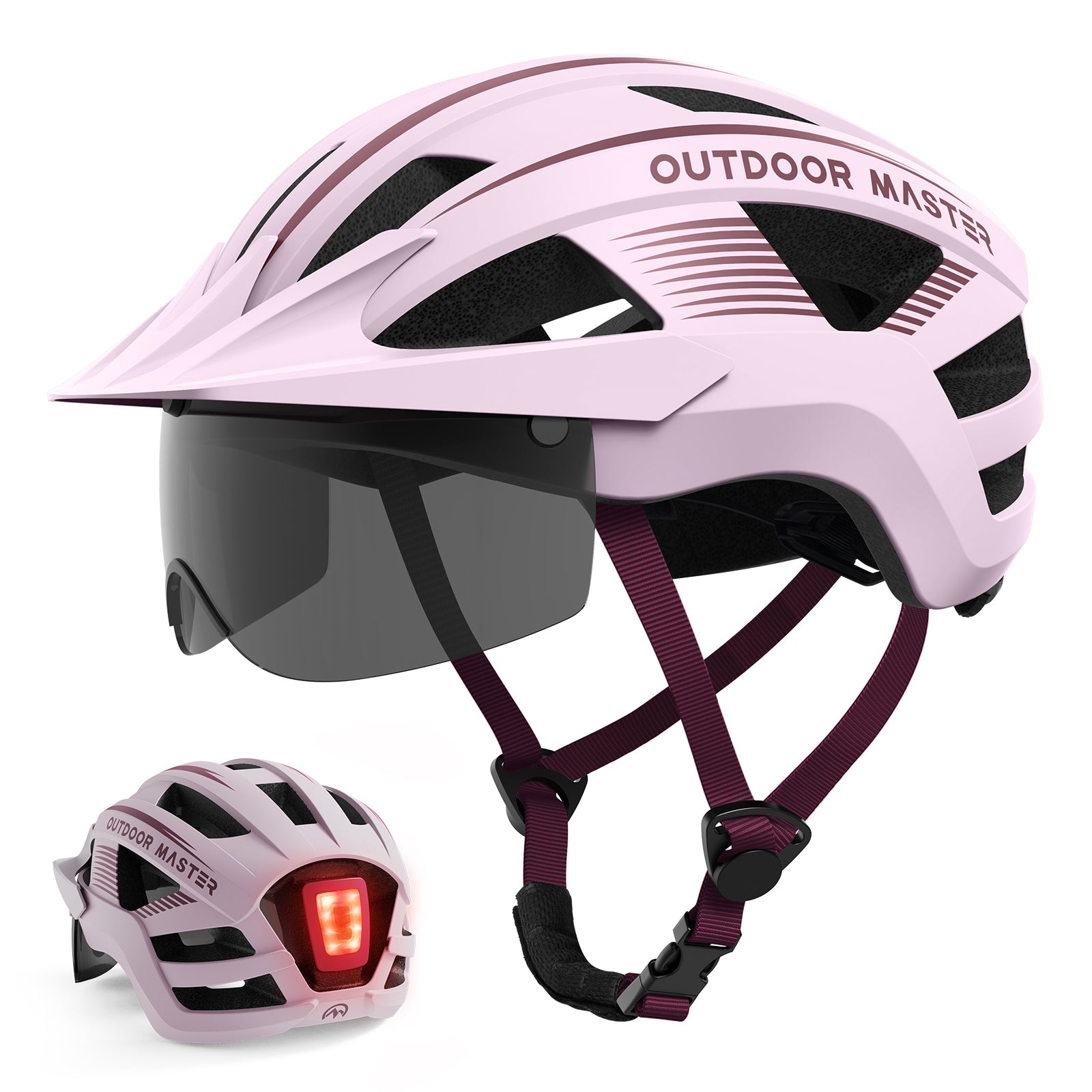 OutdoorMaster Casque de vélo RhinoUrban avec lunettes et éclairage Rose L 58-61 cm