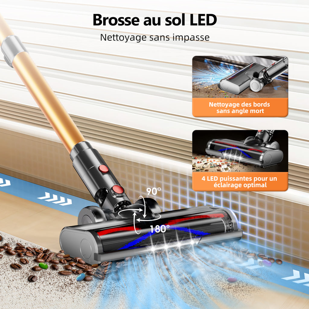 Daynee Aspirateur sans fil, Aspiration 65 kPa, Autonomie de 70 min, Écran LCD, Brosse anti-emmêlement, Filtration HEPA*4, Aromathérapie pour poils d'animaux, tapis et sols durs