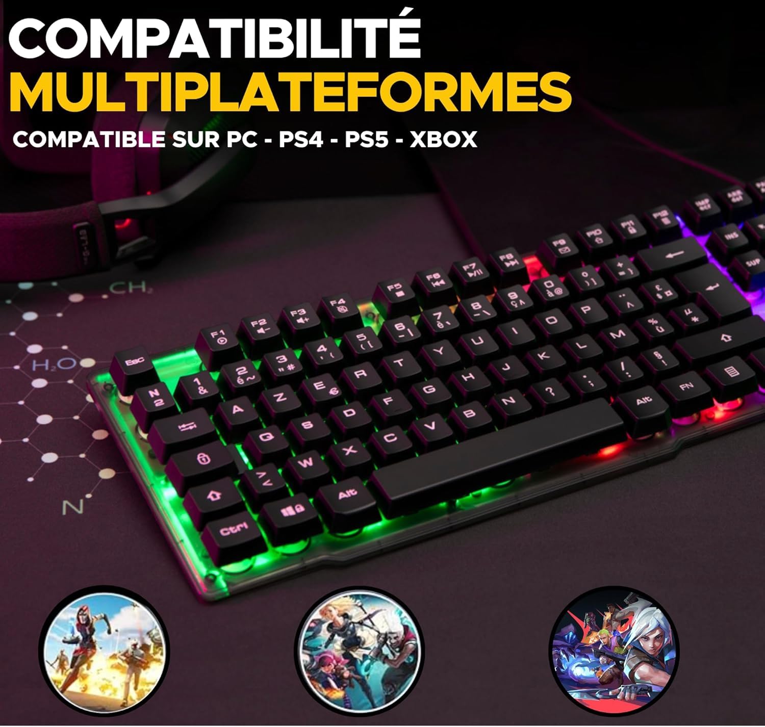 THE G-LAB Keyz Neon Clavier Gaming Membrane Filaire RGB, Taille Complète - AZERTY - Noir