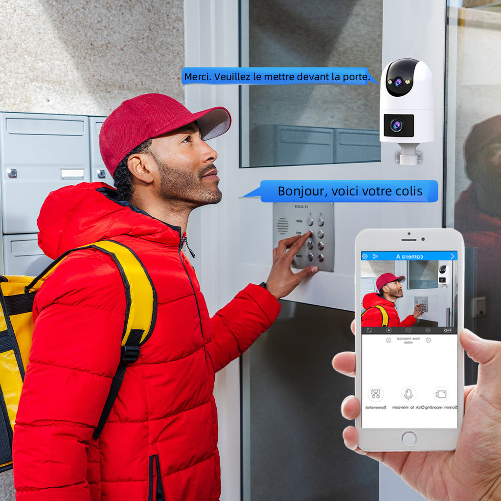 JOOAN W8-U X Caméra de sécurité intérieure/extérieure à double objectif, Wi-Fi double bande 2,4 GHz/5 GHz, vue 360°, IP66, vision nocturne couleur, enregistrement 24 h/24 et 7 j/7, suivi automatique, audio bidirectionnel, stockage en nuage/sur carte,