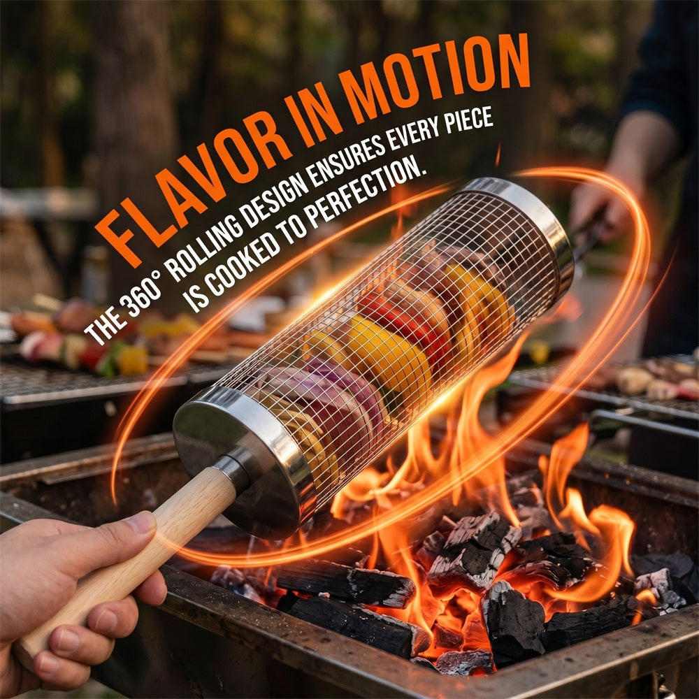 Huacan Panier de Barbecue Cylindrique Rotatif et Roulant en Acier Inoxydable, pour Fumage Extérieur, Portable, Grand