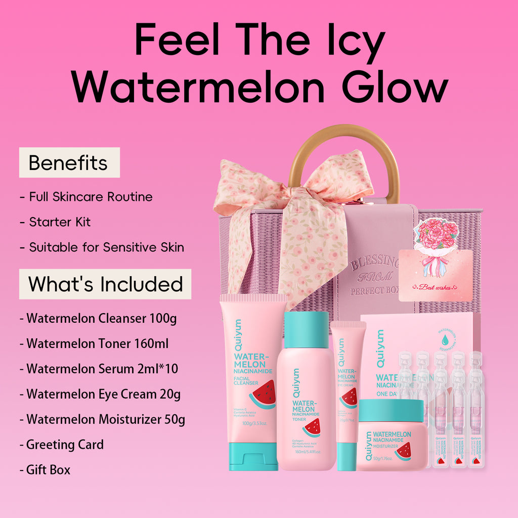 Quiyum Coffret de soins à la pastèque 12 pièces comprenant Nettoyant 100 g, Lotion tonique 160 ml, Sérum 2 ml × 10, Crème contour des yeux 20 g, Crème 50 g, Autocollants pour ongles