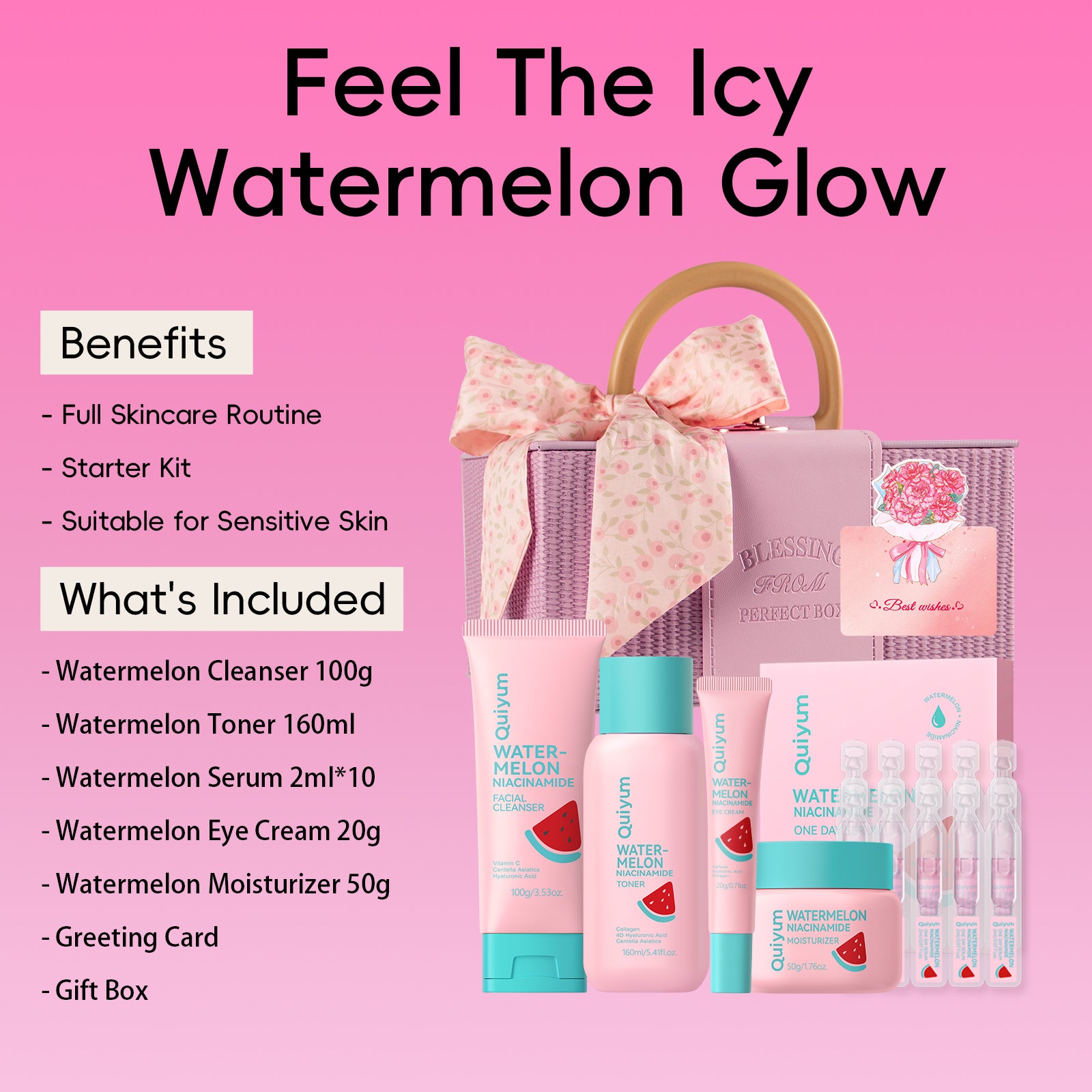 Quiyum Coffret de soins à la pastèque 12 pièces comprenant Nettoyant 100 g, Lotion tonique 160 ml, Sérum 2 ml × 10, Crème contour des yeux 20 g, Crème 50 g, Autocollants pour ongles