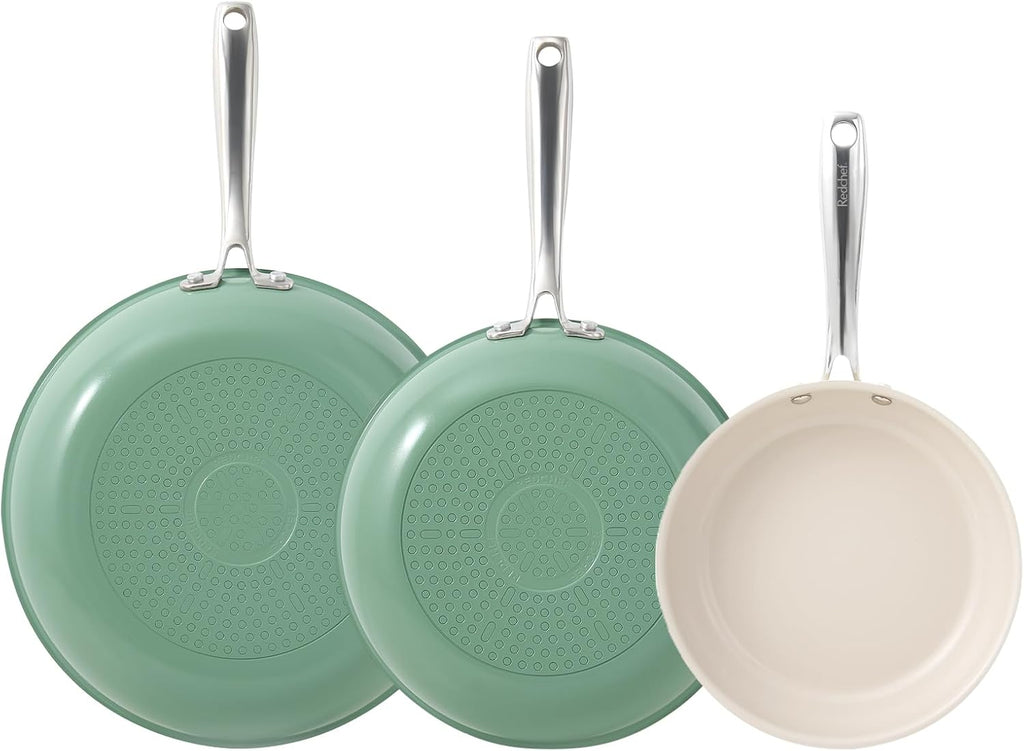 Redchef Gemstone Série Aluminium II Set de Poêles à Frire en Céramique 3 Pièces, Extérieur Vert et Intérieur Beige