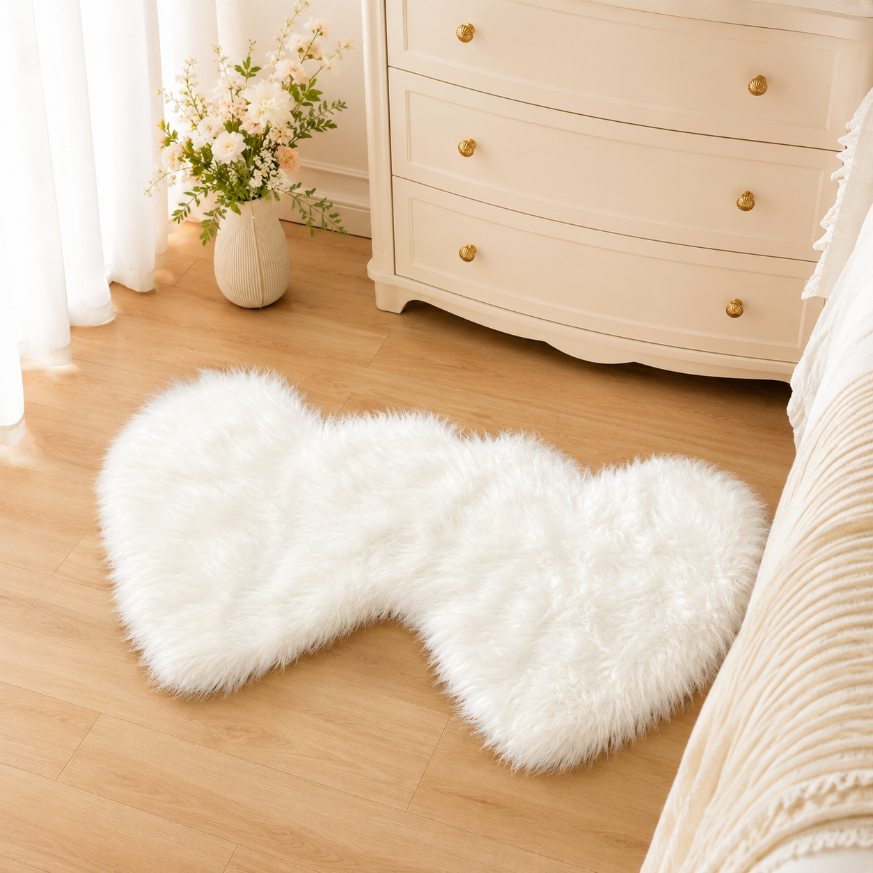 Tapis en Fausse Laine Double Cœur, 60x120 cm Tapis de Couloir Shaggy en Peluche Blanc, Tapis Doux Antidérapant pour Chambre, Décoration de Saint-Valentin, Mariage