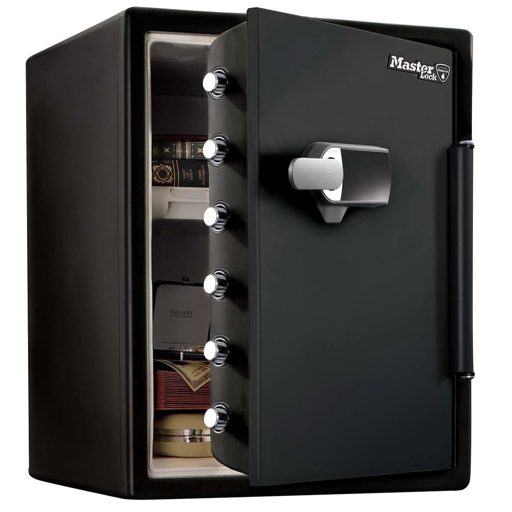 Master Lock Coffre-fort certifié ignifuge et étanche avec alarme, 56,5 L, 472 x 603 x 491 mm, système de combinaison à écran tactile numérique avec clavier rétroéclairé et alarme