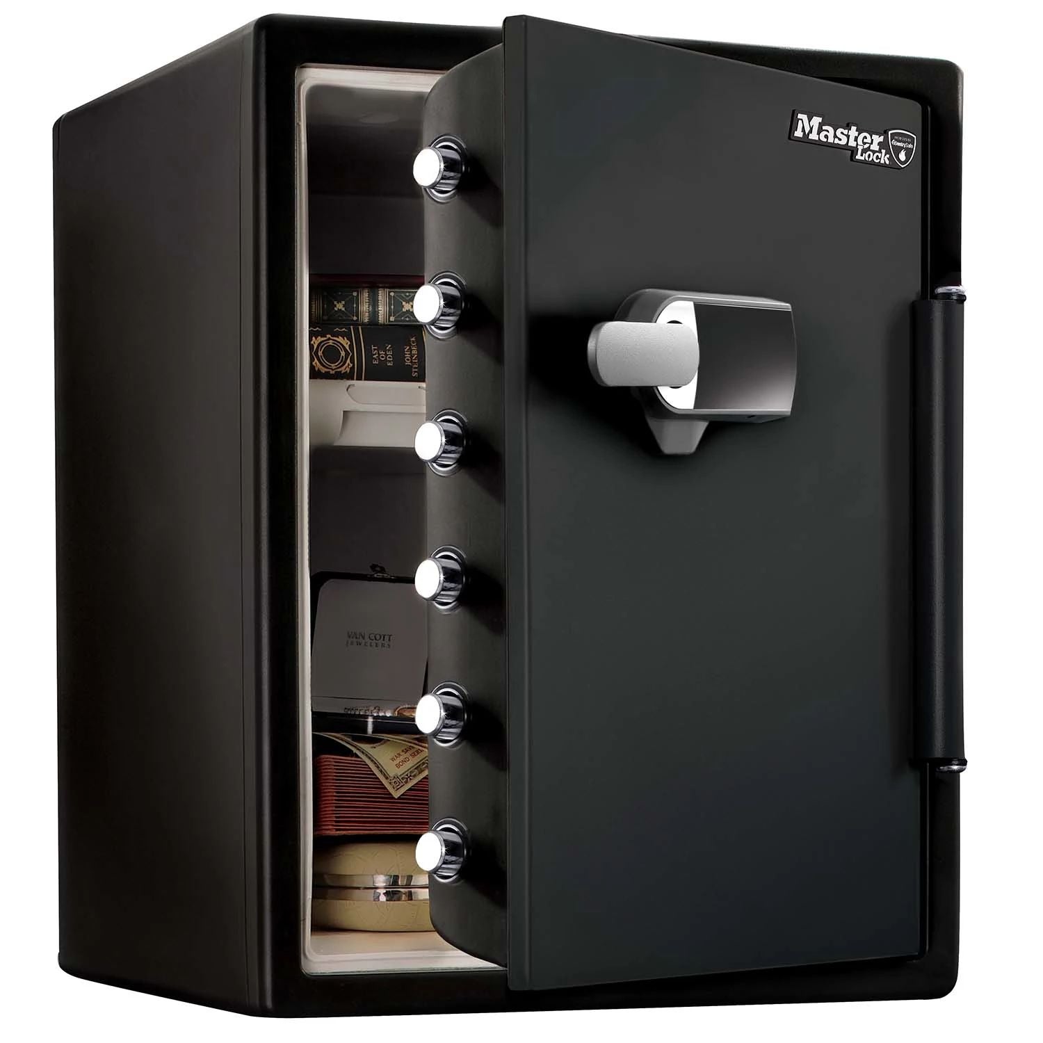 Master Lock Coffre-fort certifié ignifuge et étanche avec alarme, 56,5 L, 472 x 603 x 491 mm, système de combinaison à écran tactile numérique avec clavier rétroéclairé et alarme
