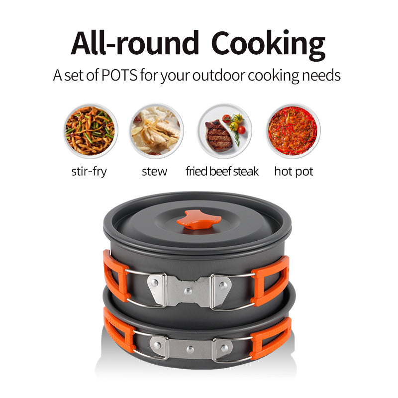BRS Série 155 Ensemble de cuisine de camping avec grande marmite 2,9 L, marmite moyenne 1,7 L, casserole 1,2 L et poêle 1,3 L