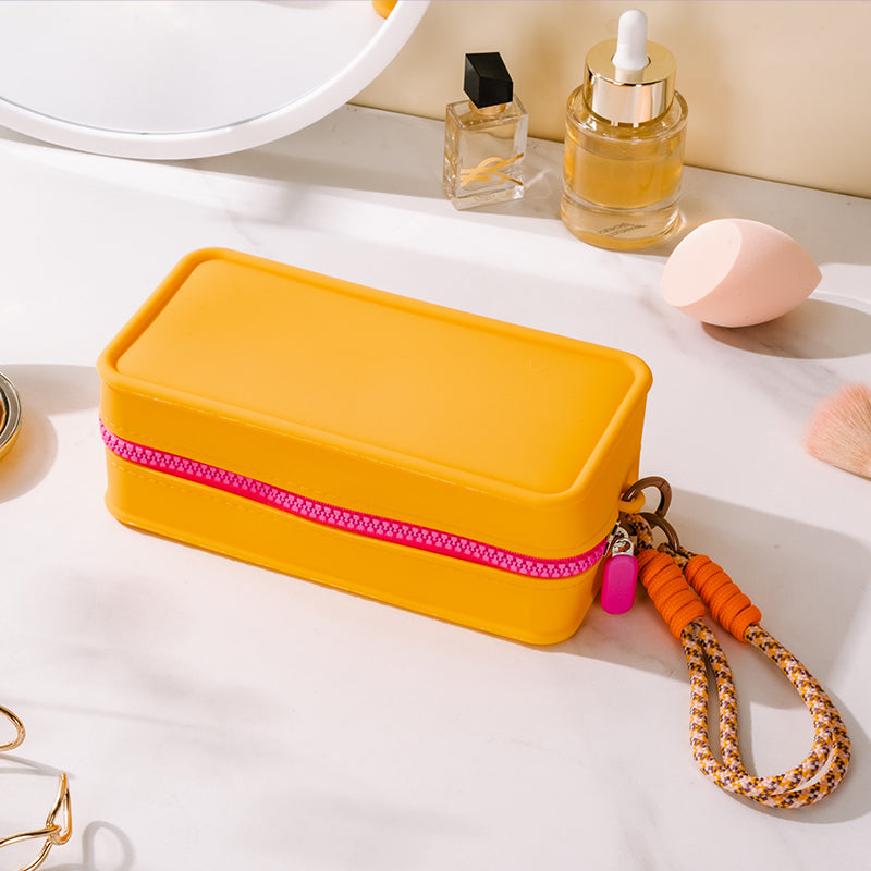 JORDAN&JUDY Trousse de rangement maquillage portable à main en silicone Colorblock 20*12*8 cm Jaune 1 pc