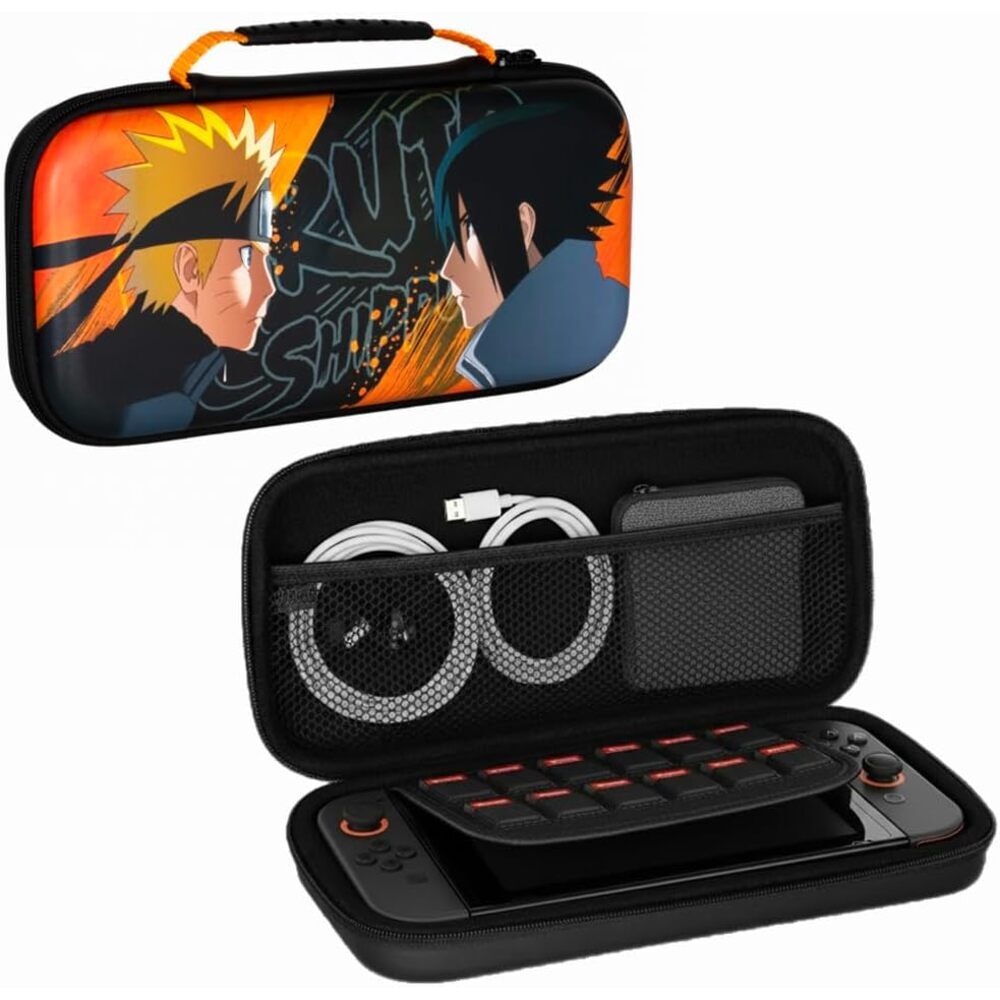 Konix Naruto Shippuden Housse de protection et transport Nintendo Switch 2 - Rangement accessoires et 8 jeux - Motif Naruto et Sasuke - Noir et orange