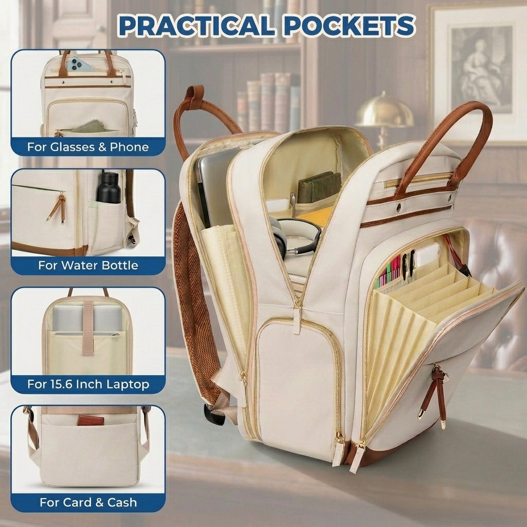 Sac de travail, sac à dos pour ordinateur portable 15,6 pouces pour femme, avec compartiment à repas détachable, port USB et poche organisée, beige