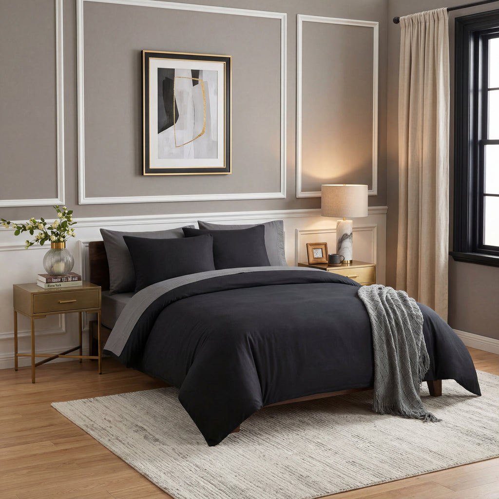 Parure de lit en microfibre avec housse de couette de 80 x 80 cm et taie d'oreiller Noir 155 x 220 cm, 90% Polyester