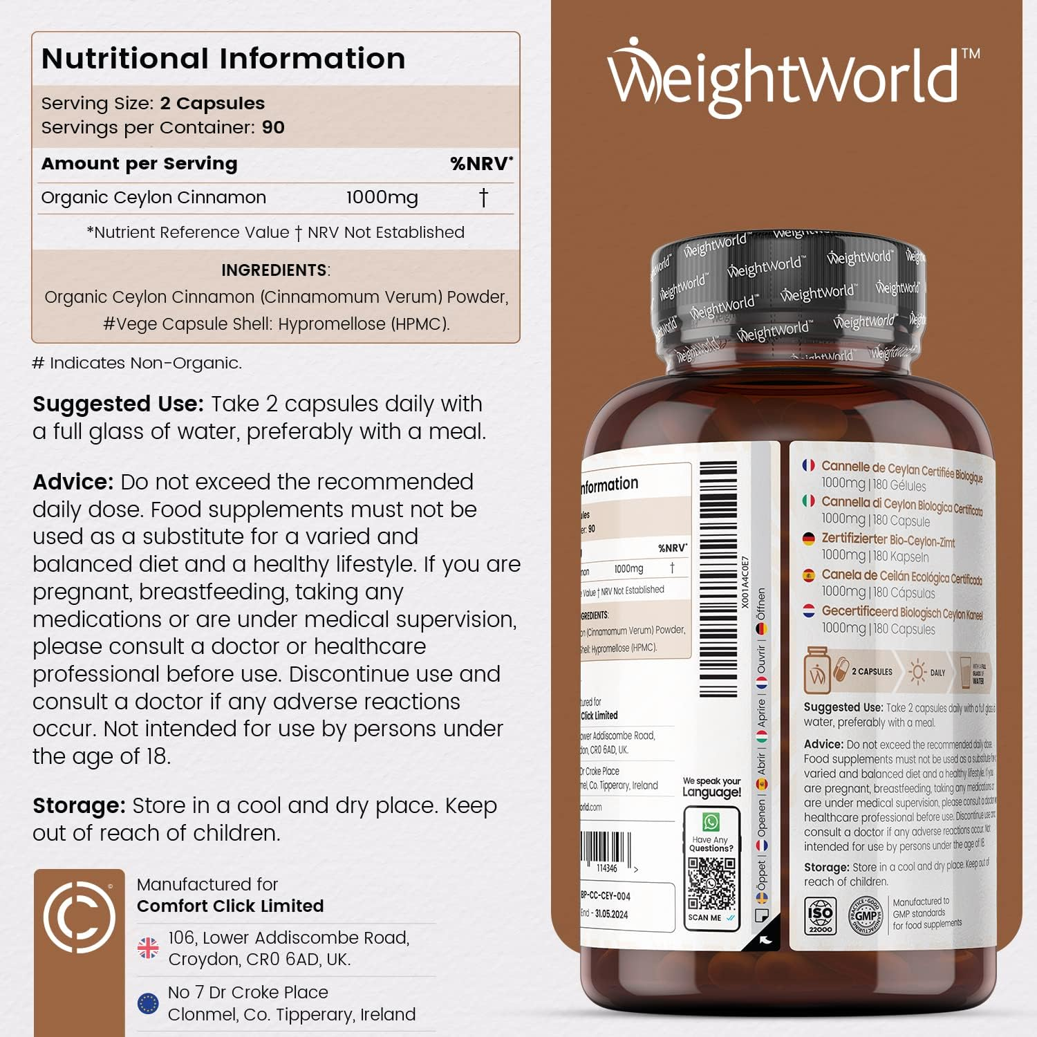 WeightWorld Cannelle biologique 1000 mg - 180 gélules