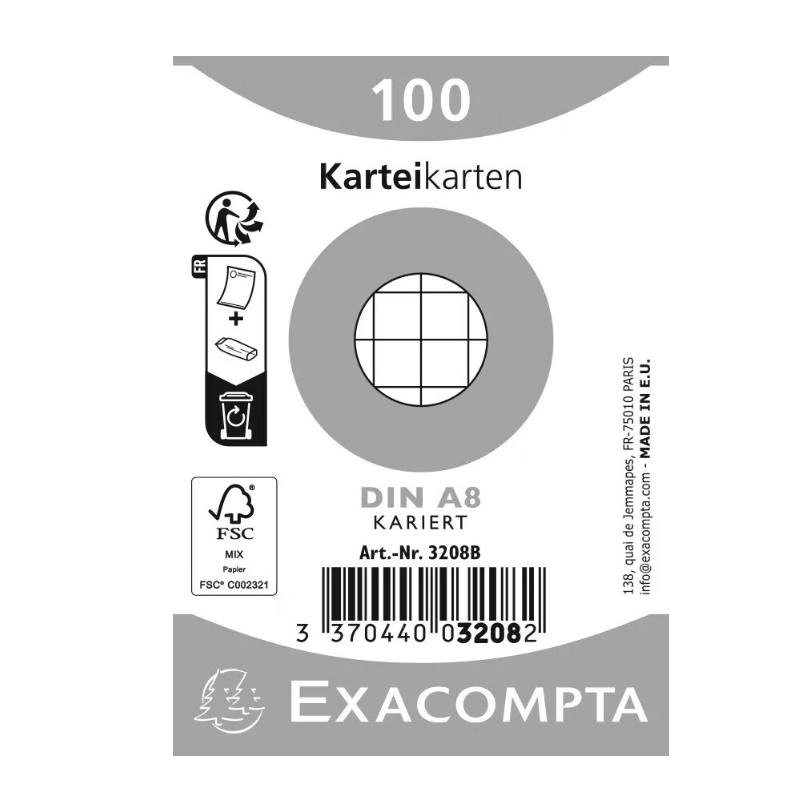 Exacompta Lot de 100 cartes d'index avec film protecteur - Papier Bristol quadrillé 5x5 - 55x74 mm - Blanc