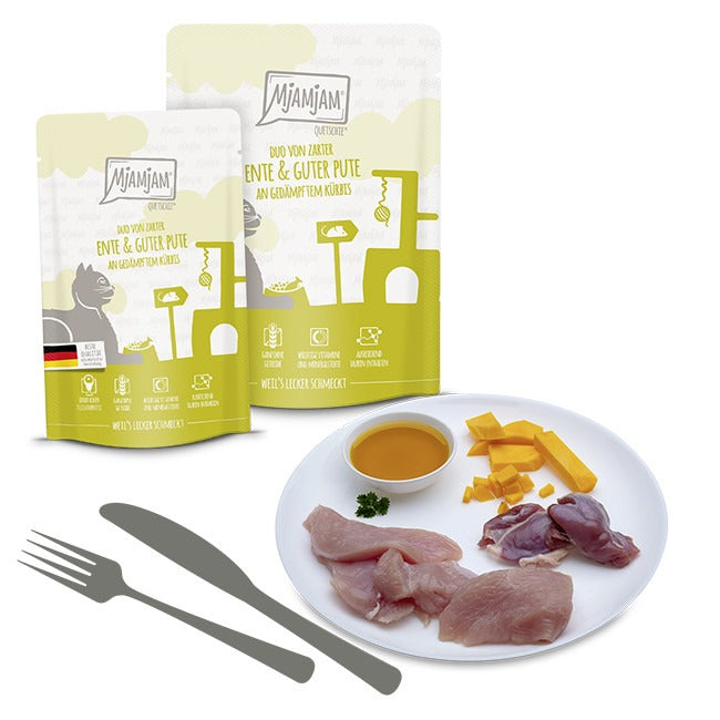 [Peut être servi frais pour l'été] MjAMJAM Duo Quetschie Nourriture humide pour chat canard dinde citrouille - 300 g x 6