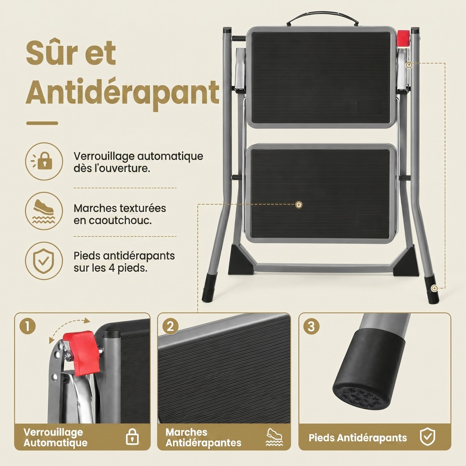 JOYFURNOS Échelle à 2 marches marchepied pliable robuste avec marches antidérapantes charge 150 kg 55 x 50 x 4,5 cm gris