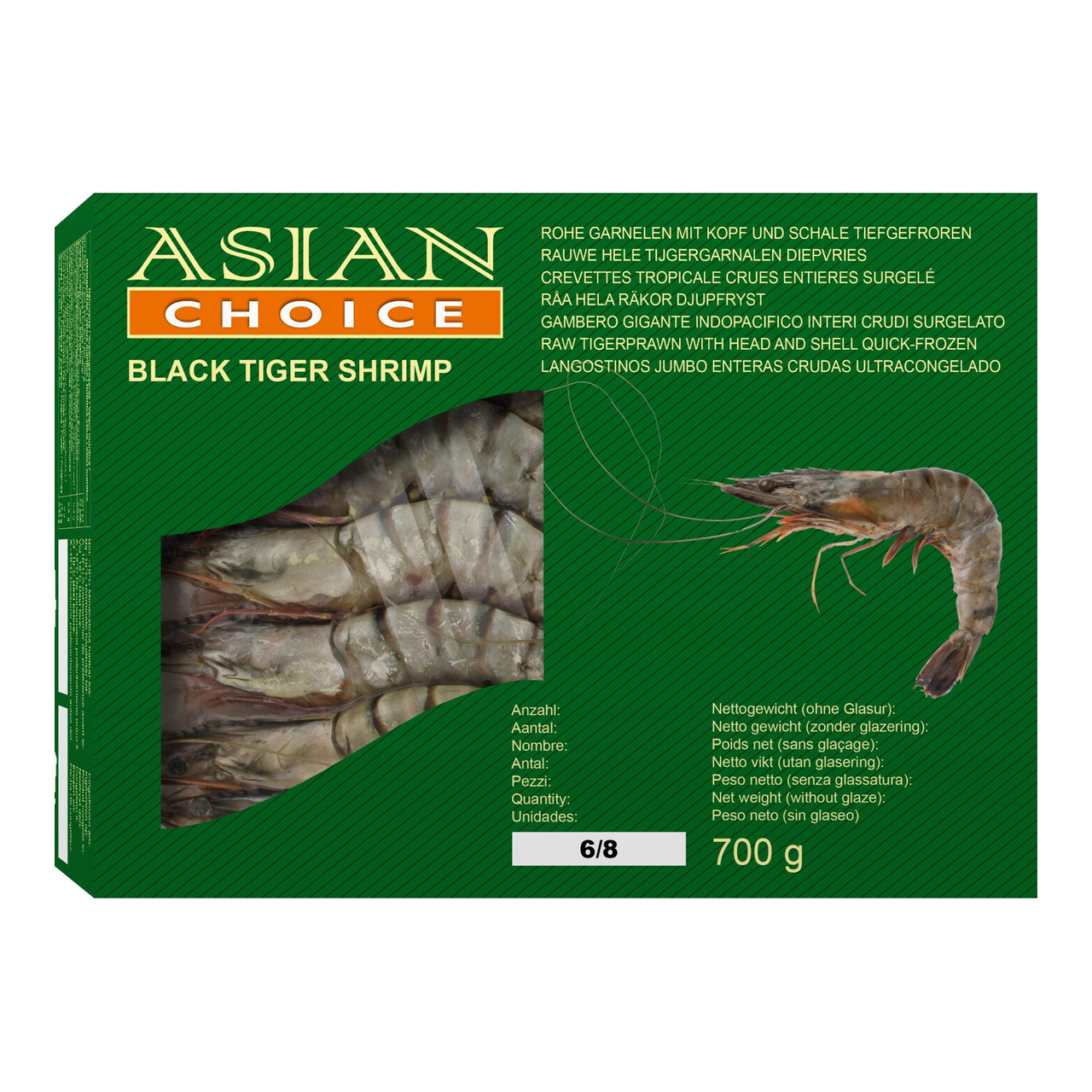 Asian Choice Crevettes Black Tiger HOSO calibre 6/8 - 1 kg