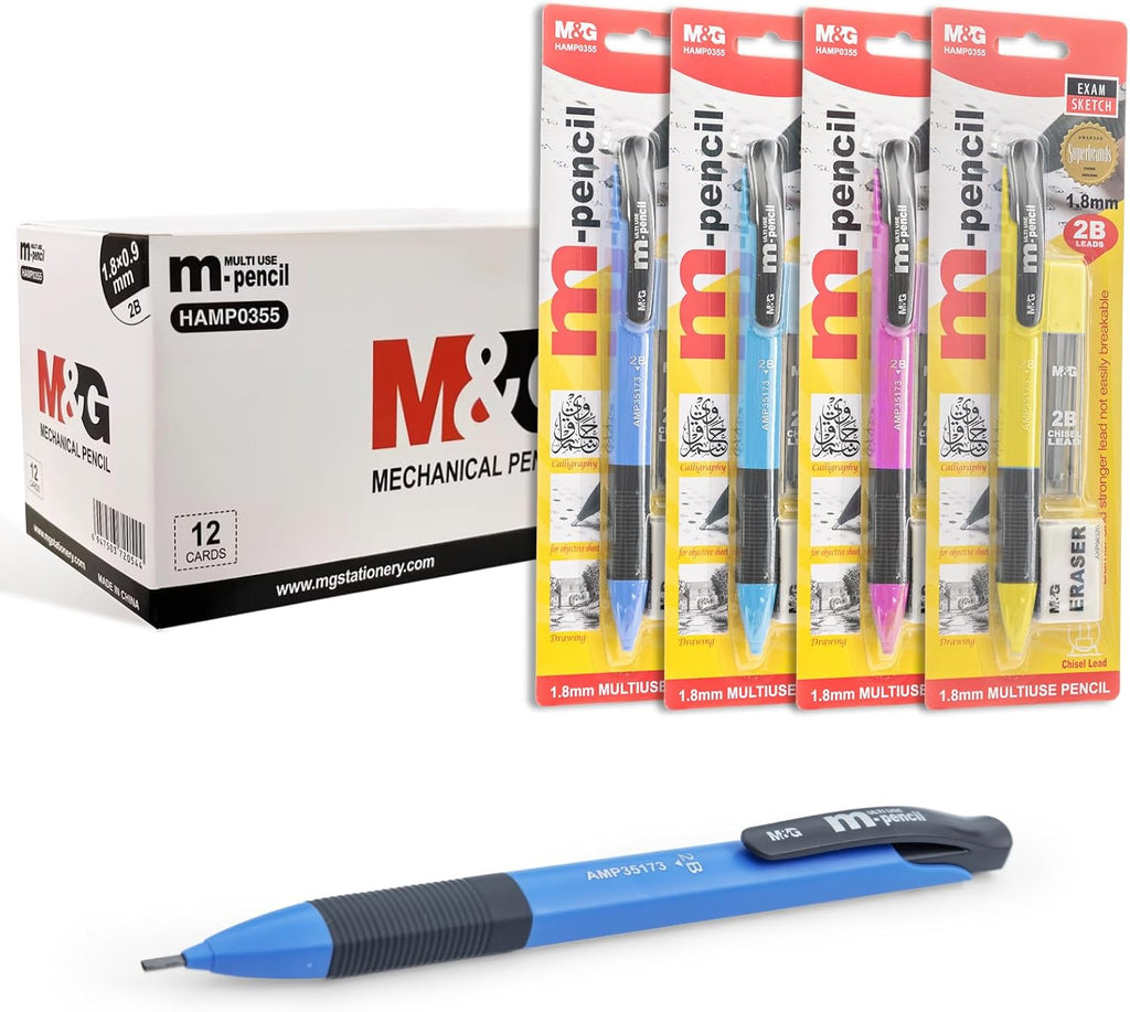M&G Lot de 12 porte-mines 1,8 mm avec 12 mines 2B et 12 gommes