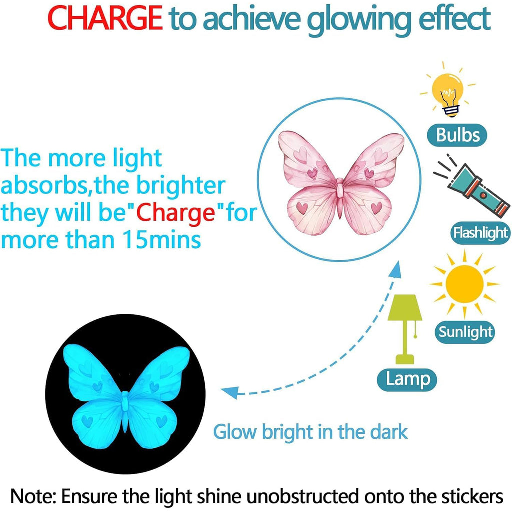 JU7CER Lot de 3 pièces de 20x30 cm autocollants muraux bleu-lumière autocollants muraux phosphorescents papillon bleu-lumière imprimé rose chambre de fille chambre d'enfant autocollants muraux