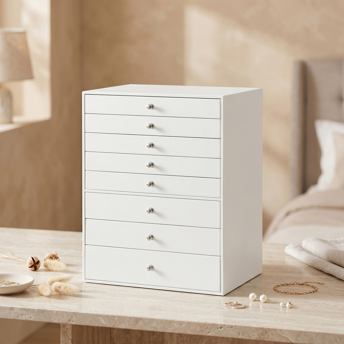 JOYFURNOS Organisateur de bijoux avec tiroirs, Boîte de rangement à 8 niveaux, Grande capacité, Idée cadeau moderne, Pour chambre, Blanc
