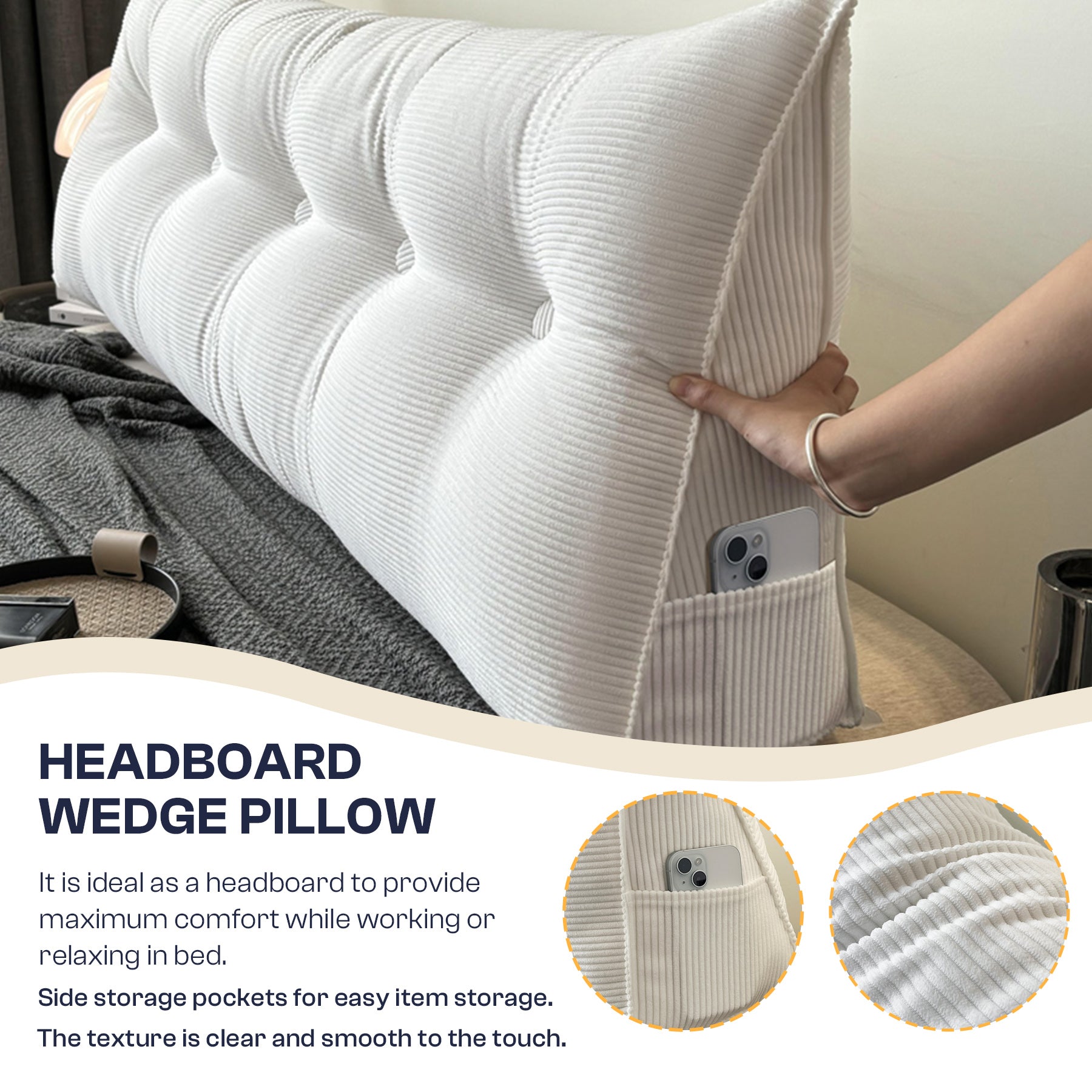 LeBonsoir Coussin de soutien dorsal - Coussin de lecture pour lit et canapé, coussin en forme de prisme, coussin de dossier pour mur, coussin d’assise, coussin mural, housse lavable (blanc, 80 cm)