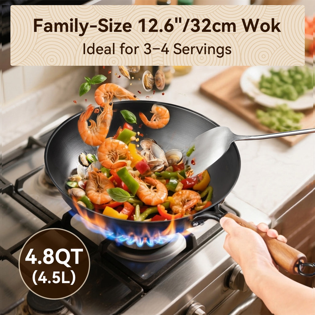 WANGYUANJI Wok en acier au carbone texturé à revêtement rotatif 12,6" avec couvercle en verre — Fond plat, sans revêtement, pour toutes les plaques de cuisson