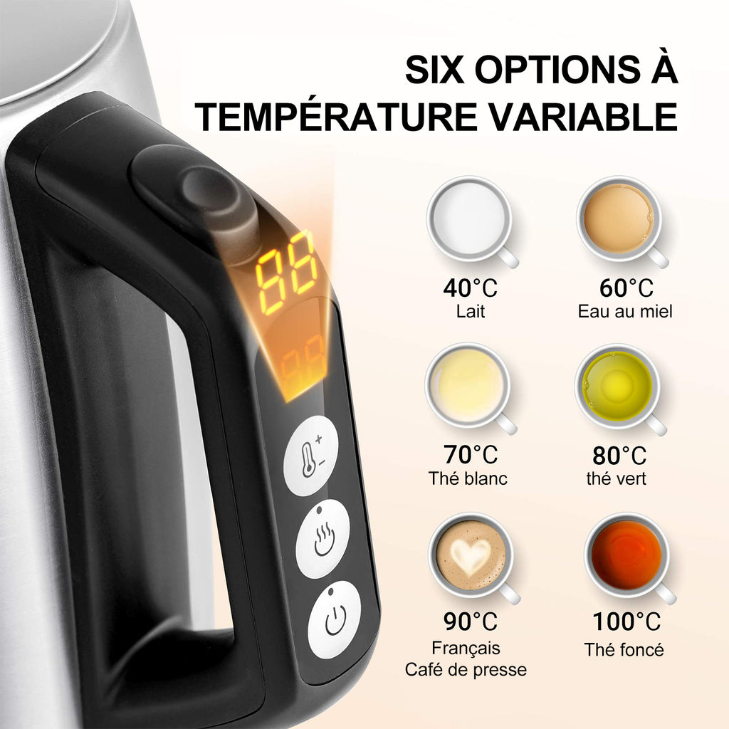 Midea Bouilloire électrique à réglage de température (40-60-70-80-90-100 °C), en acier inoxydable, 1,7 L, 2200 W, avec indicateur de niveau d’eau, fonction maintien au chaud