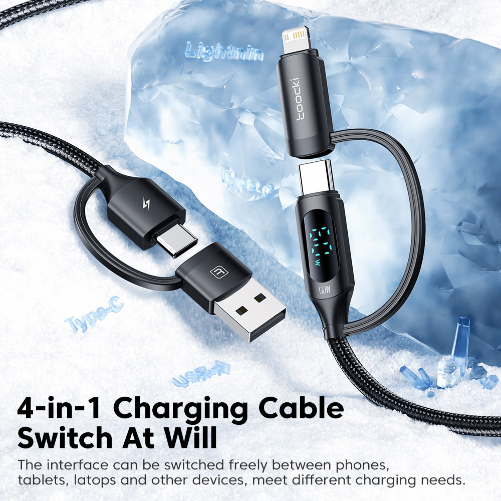 toocki Câble de charge rapide 4 en 1 USB-C vers Lightning, câble tressé USB vers USB-C, câble de charge multi-appareils indispensable pour le voyage, pour iPhone Séries 17/16/15/14