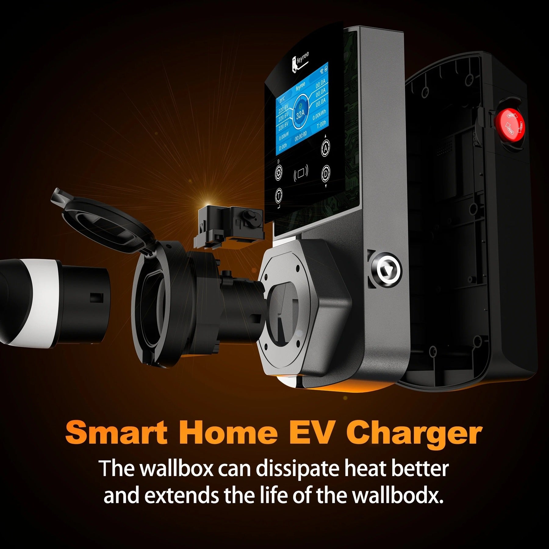 Feyree Borne de recharge murale intelligente Type 2 version prise 22 kW pour véhicule électrique, équipement d'alimentation pour véhicule électrique pour fiches TS-NACS Type 1 GB/T