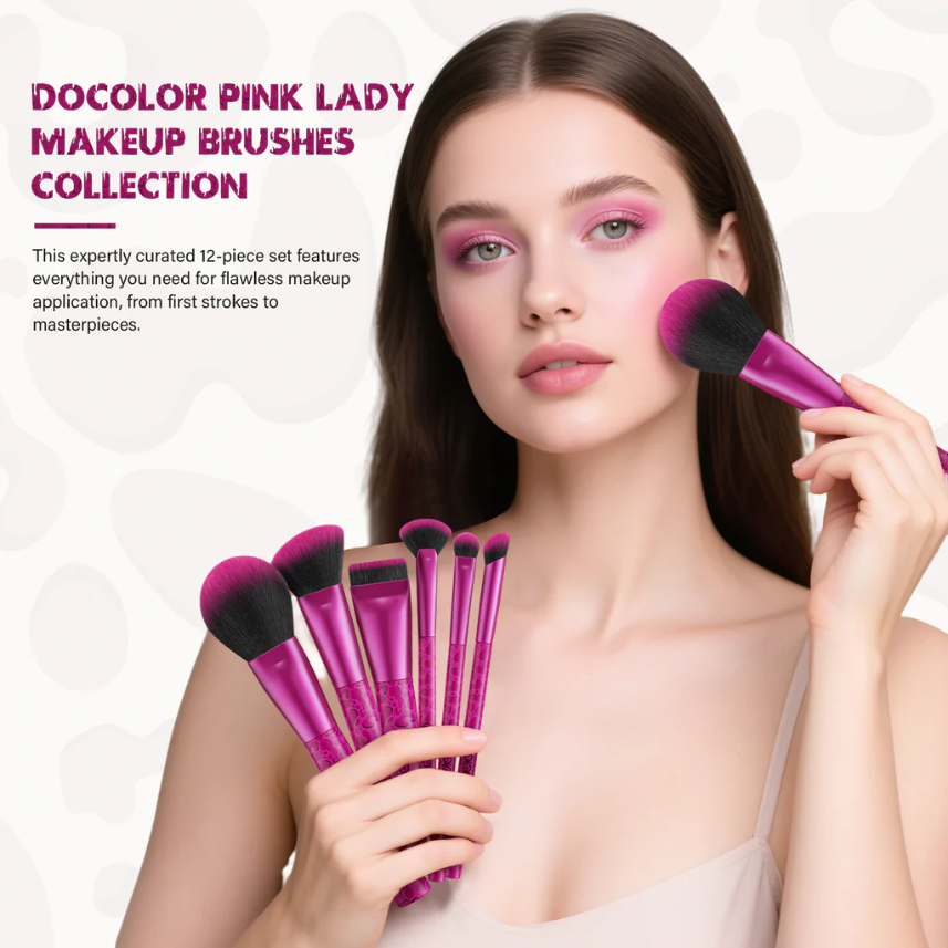 Docolor Coffret Cadeau 12 Pièces Pinceaux de Maquillage Imprimé Léopard Fuchsia