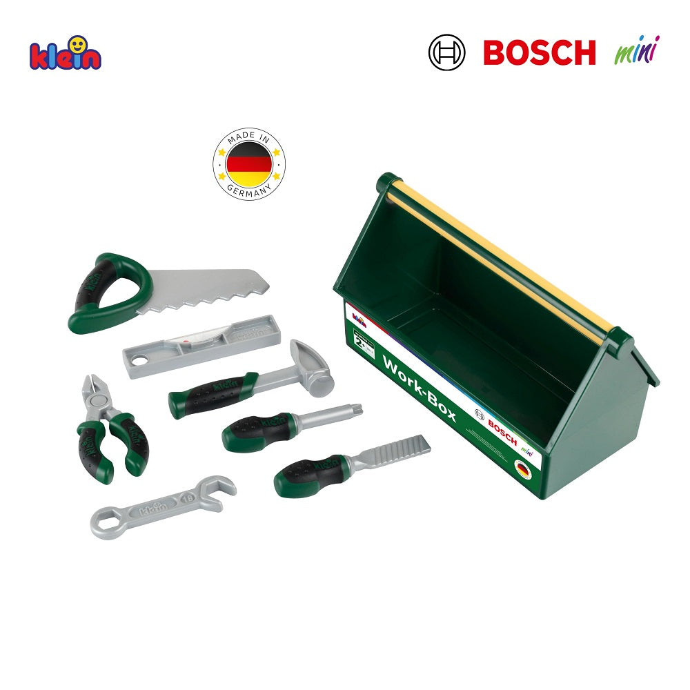 Theo Klein Boîte à outils 8573, Lot de 7 pièces, Stable avec poignée de transport, 30,25 cm x 14 cm x 17,25 cm, Âge 3+