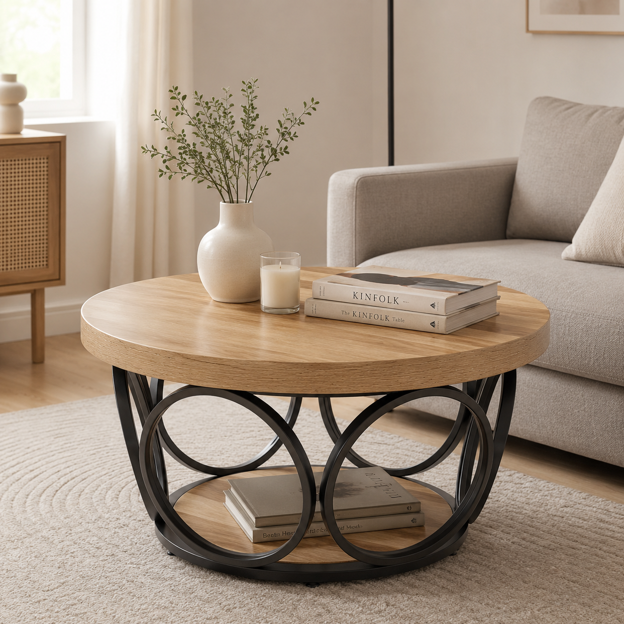 Tribesigns Table basse ronde 80 cm style ferme, rangement 2 niveaux, cadre en métal, grain de bois marron