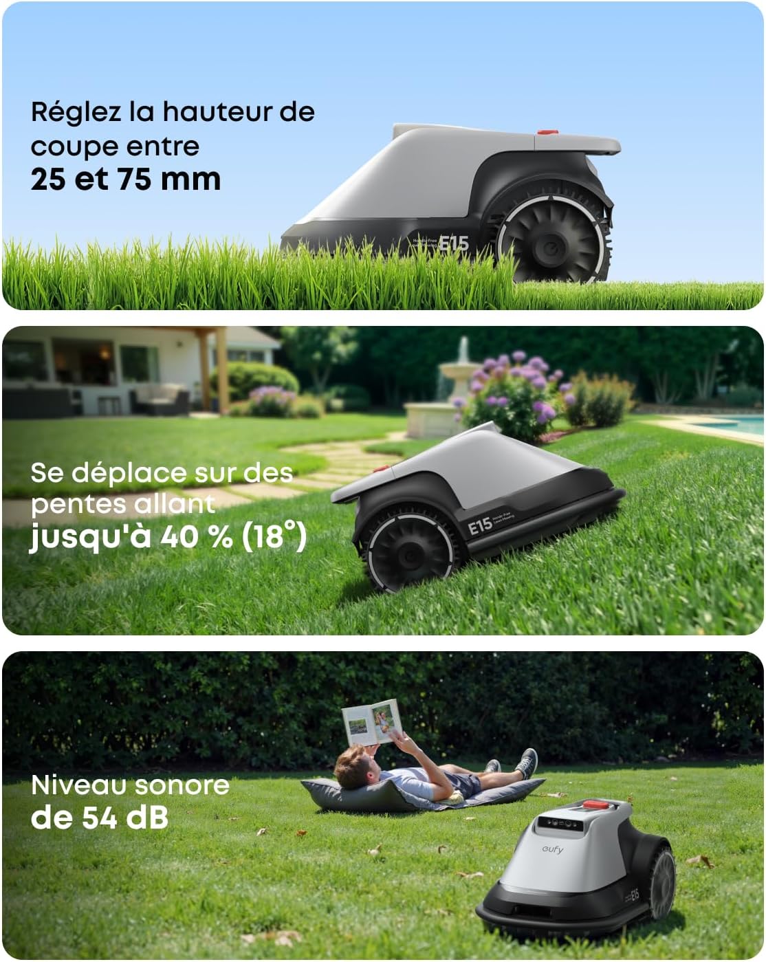 eufy E15 Robot tondeuse sans câble périphérique, sans coupure de signal, sans RTK, technologie TrueVision, navigation intelligente, jardin jusqu'à 800 m², tonte précise