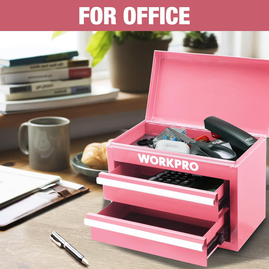 WORKPRO Boîte à tiroirs métallique avec 2 tiroirs et espace de rangement supérieur rose, 27,5 x 15 x 20,8 cm, organisateur de table avec tiroirs pour bureau, vestiaire et poste de travail