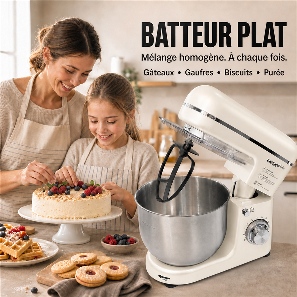 monsga SM100 Robot pâtissier, 1000 W, Blanc crème, Bol mélangeur en acier inoxydable 6,0 L, Silencieux, Avec fouet, Crochet à pétrir en Téflon super antiadhésif (Résistant à 260 °C), Batteur et pare-éclaboussures, 8 réglages de vitesse