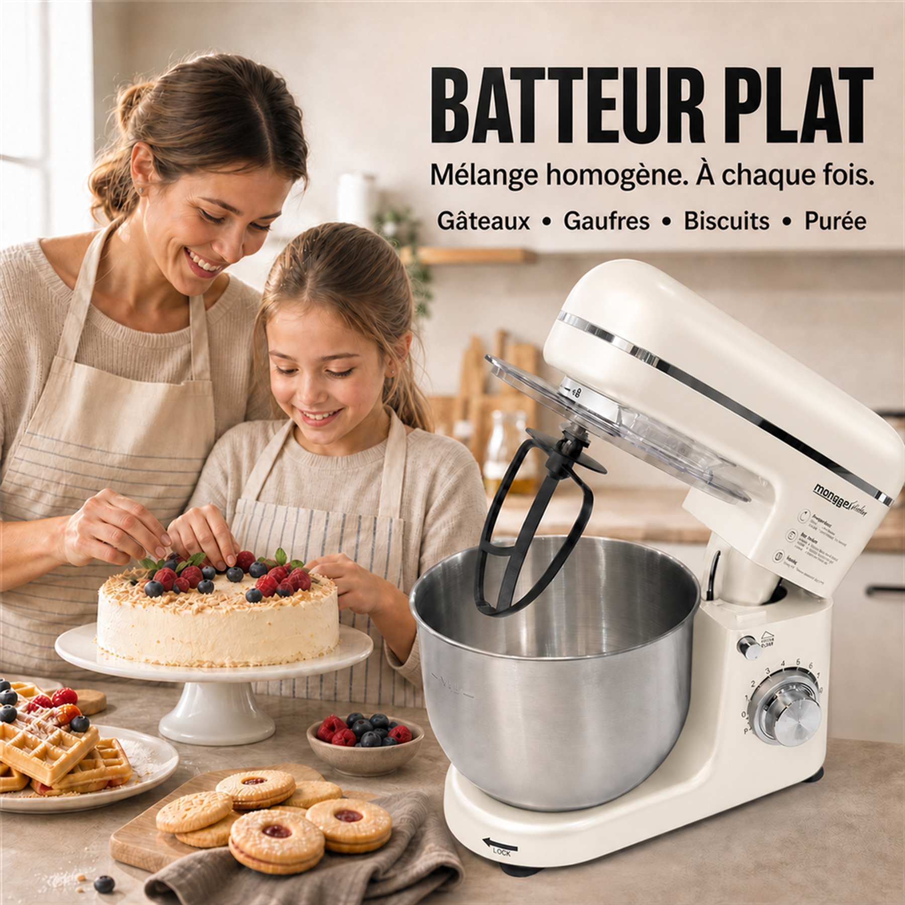 monsga SM100 Robot pâtissier, 1000 W, Blanc crème, Bol mélangeur en acier inoxydable 6,0 L, Silencieux, Avec fouet, Crochet à pétrir en Téflon super antiadhésif (Résistant à 260 °C), Batteur et pare-éclaboussures, 8 réglages de vitesse