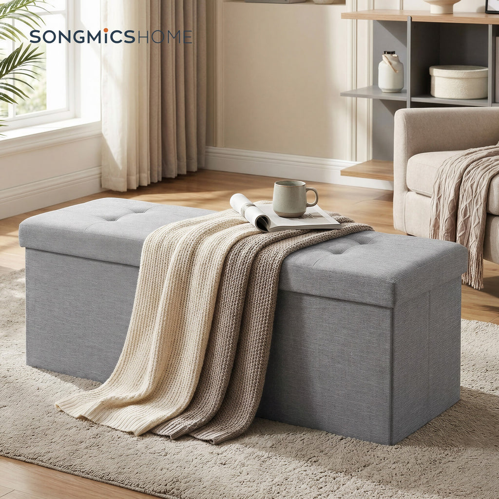 JOYFURNOS Banc de Rangement Pliable, 38 x 110 x 38 cm, Couvercle Rabattable, Capacité de 300 kg, pour Entrée, Salon, Chambre, Gris Foncé