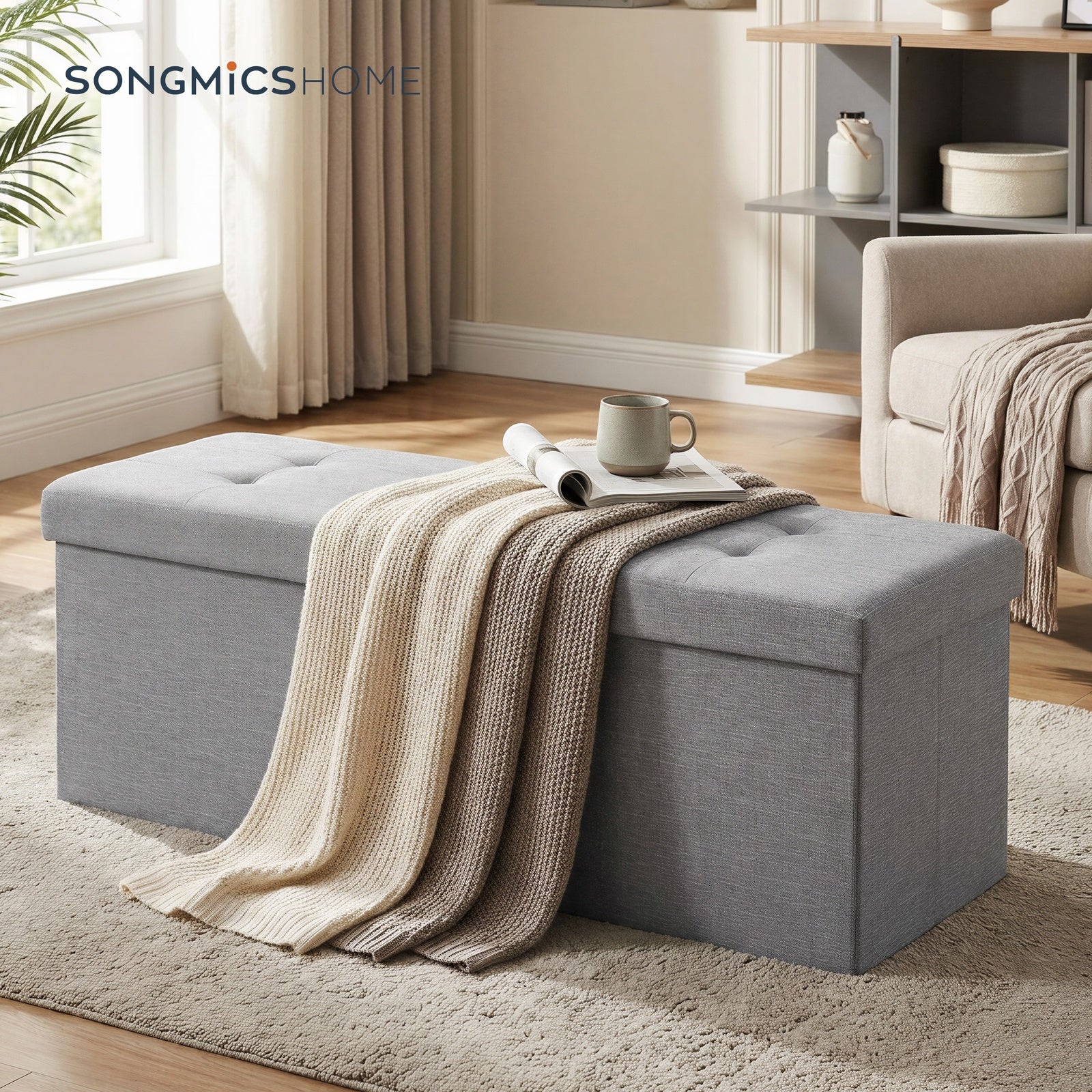 JOYFURNOS Banc de Rangement Pliable, 38 x 110 x 38 cm, Couvercle Rabattable, Capacité de 300 kg, pour Entrée, Salon, Chambre, Gris Foncé
