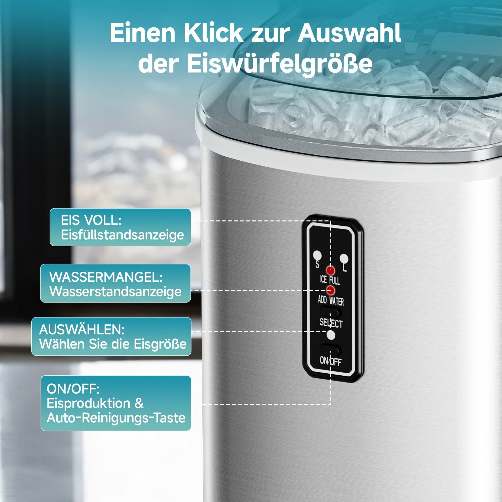 EUHOMY Machine à glaçons compacte, 9 glaçons prêts en 6 minutes, 12 kg/jour, autonettoyante, avec poignée de transport, panier et pelle, 2 tailles de glaçons
