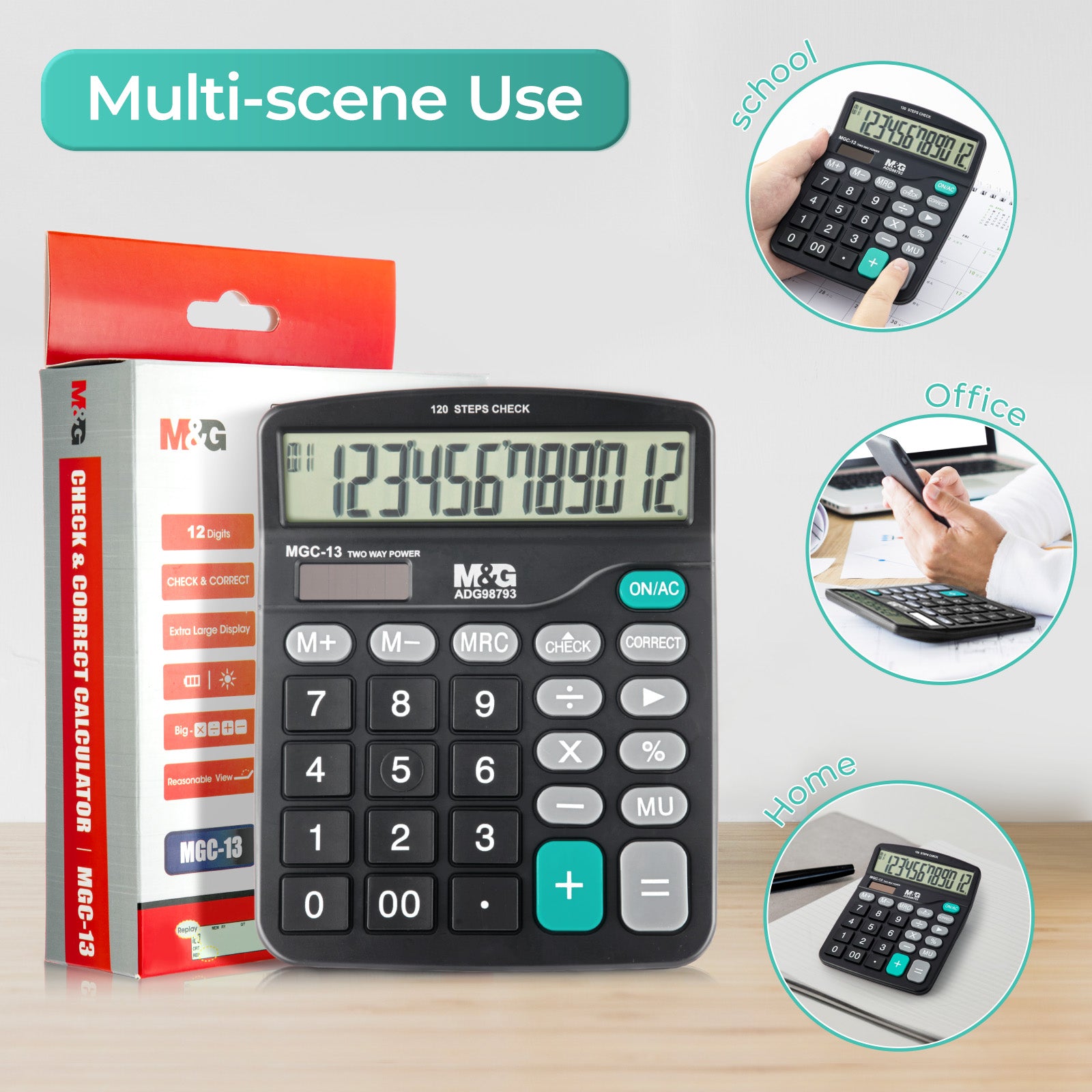 M&G Calculatrice de bureau 12 chiffres avec grand écran LCD, fonction de vérification et de correction, double alimentation solaire et batterie - Noir