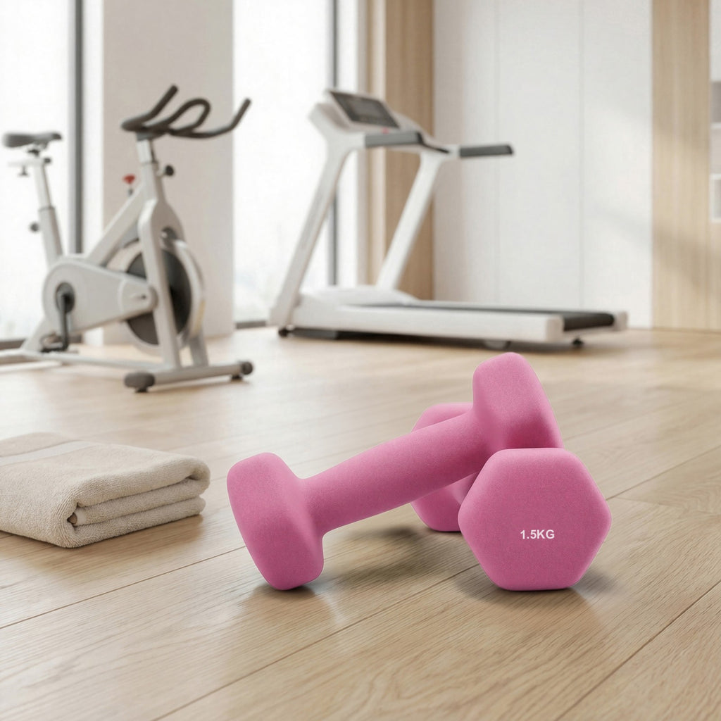 JOYFURNOSSet d’haltères hexagonaux avec support – 3 paires (1 kg, 1,5 kg, 2 kg), finition mate en néoprène, poids à main pour l’exercice à domicile – Jaune, Rose et Violet