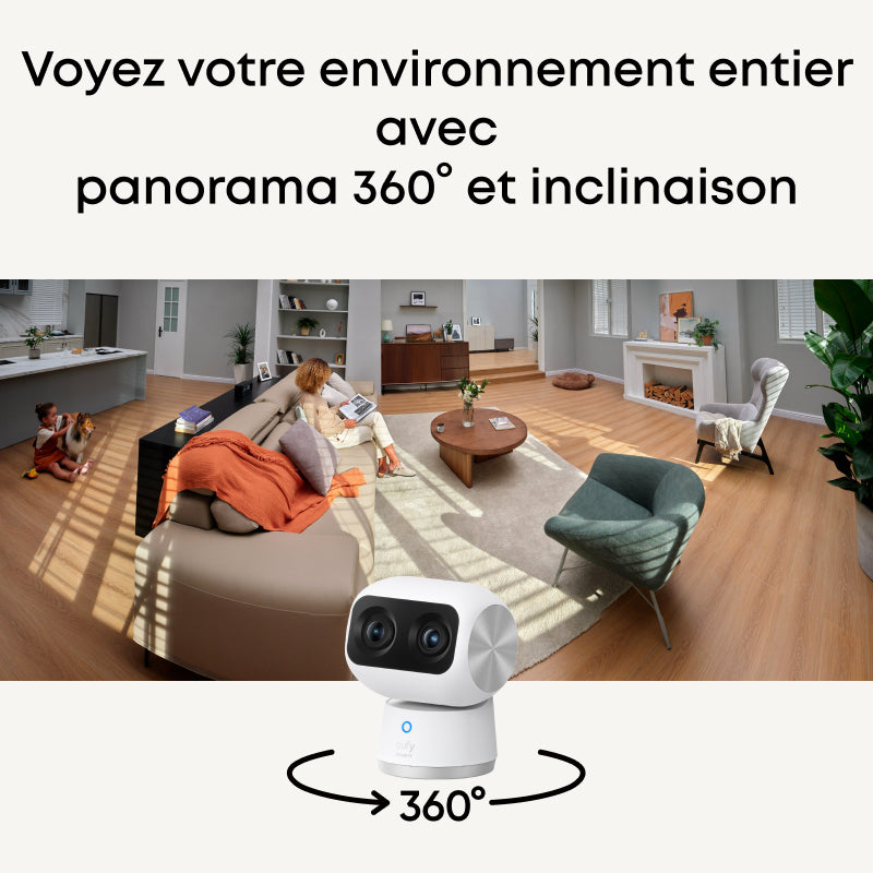 eufy Security Caméra intérieure S350, Caméra à double objectif, Caméra de surveillance 4K UHD avec zoom 8× et rotation/inclinaison 360 °, Idéale comme moniteur pour animaux/sécurité/bébé
