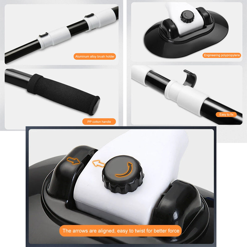 Balai de lavage auto en chenille noir et blanc Hello leiboo : manche ergonomique coudé à 15°, manche télescopique en aluminium, brosse douce anti-rayures, tête amovible, angle réglable pour un nettoyage facile ; un accessoire pratique pour un lavage 