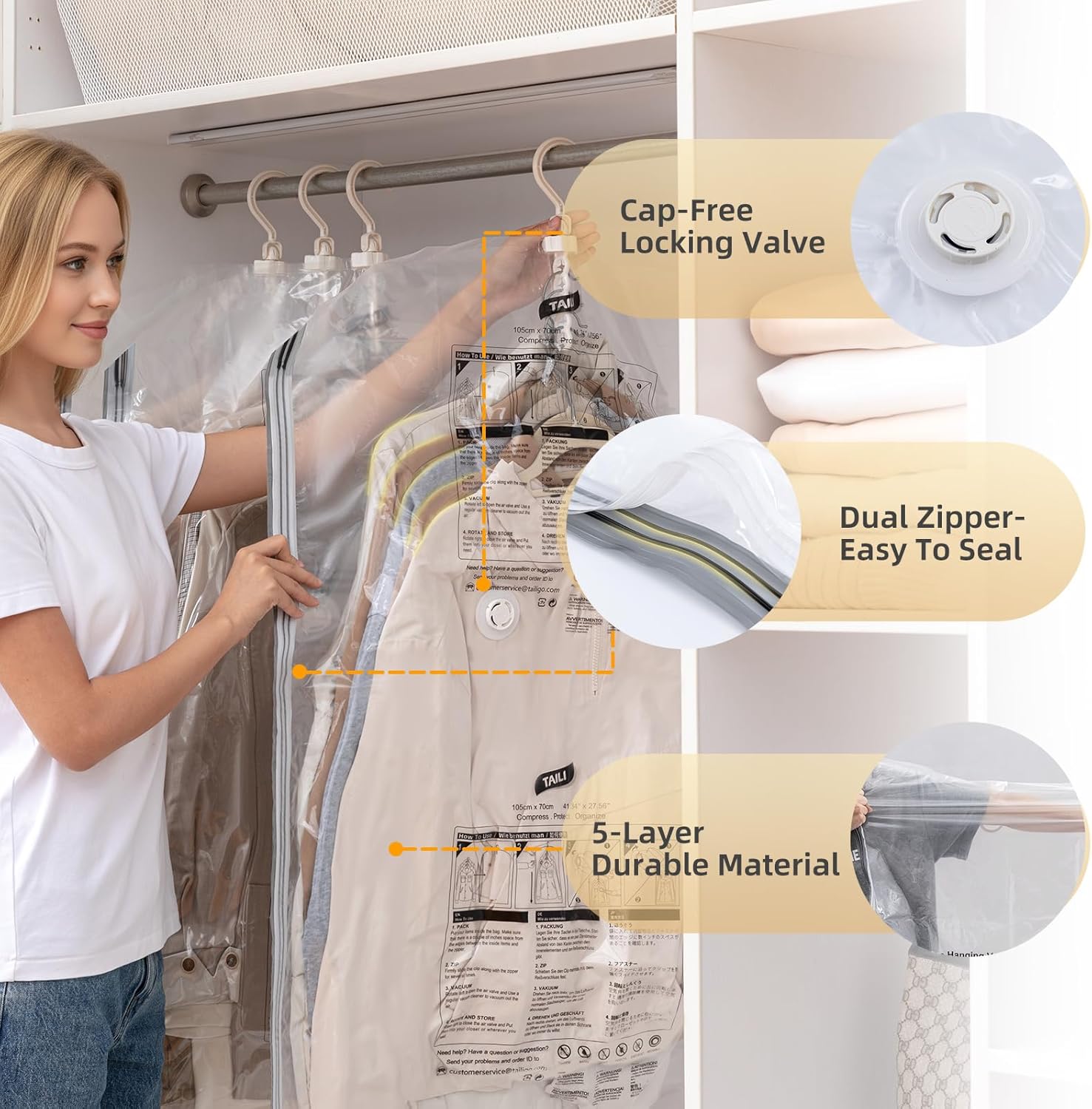 Taili Sacs de rangement sous vide à suspendre gain de place pour vêtements, costumes, manteaux ou vestes, lot de 4 Jumbo 53 x 27,6 pouces, Transparent