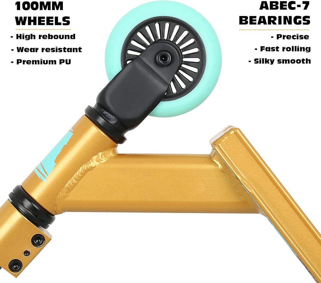 Trotinette VOKUL Pro Trick, trotinette de cascade d'entrée de gamme pour enfants à partir de 6 ans, trotinette de BMX freestyle complète en aluminium et légère pour débutants (Or)