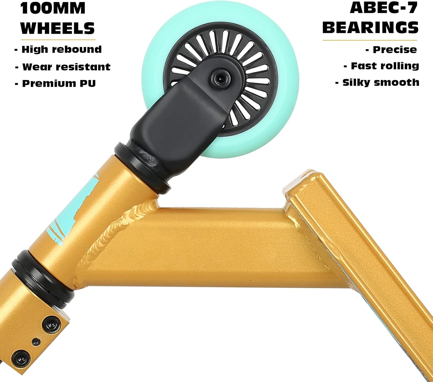 Trotinette VOKUL Pro Trick, trotinette de cascade d'entrée de gamme pour enfants à partir de 6 ans, trotinette de BMX freestyle complète en aluminium et légère pour débutants (Or)