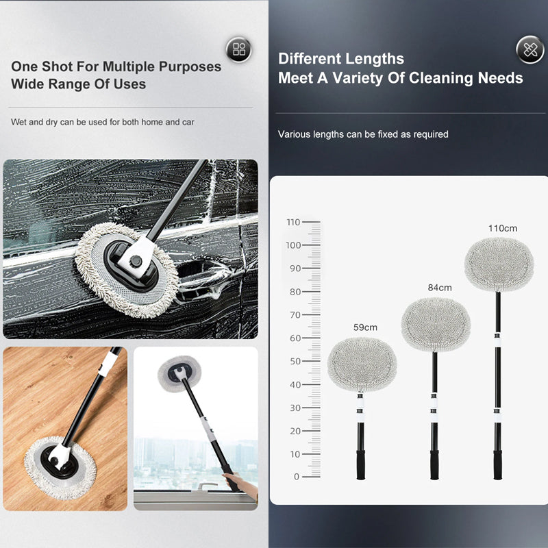 Balai de lavage auto en chenille noir et blanc Hello leiboo : manche ergonomique coudé à 15°, manche télescopique en aluminium, brosse douce anti-rayures, tête amovible, angle réglable pour un nettoyage facile ; un accessoire pratique pour un lavage 