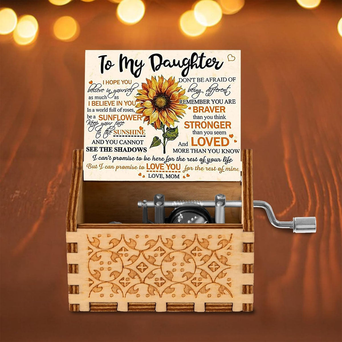 Alphynix 1 pièce Boîte à musique d'encouragement pour fille, Citation « Sois un tournesol » et messages motivants, Cadeau en bois à manivelle de la part de sa mère