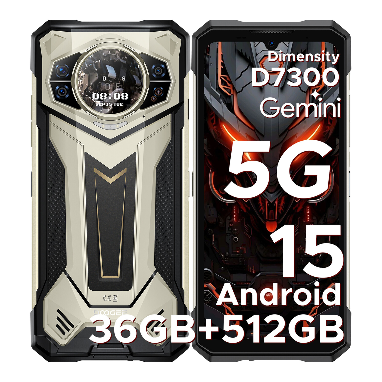 DOOGEE S200 Plus Smartphone Rugged 5G, Dimensity 7300, (16 Go+20 Go)+512 Go avec Écran Arrière Dynamique 1,32" Android 15 Téléphone Rugged, 10100 mAh, Caméra Vision Nocturne 100 MP+20 MP, 6,72", 120 Hz, NFC, Gemini AI Double SIM