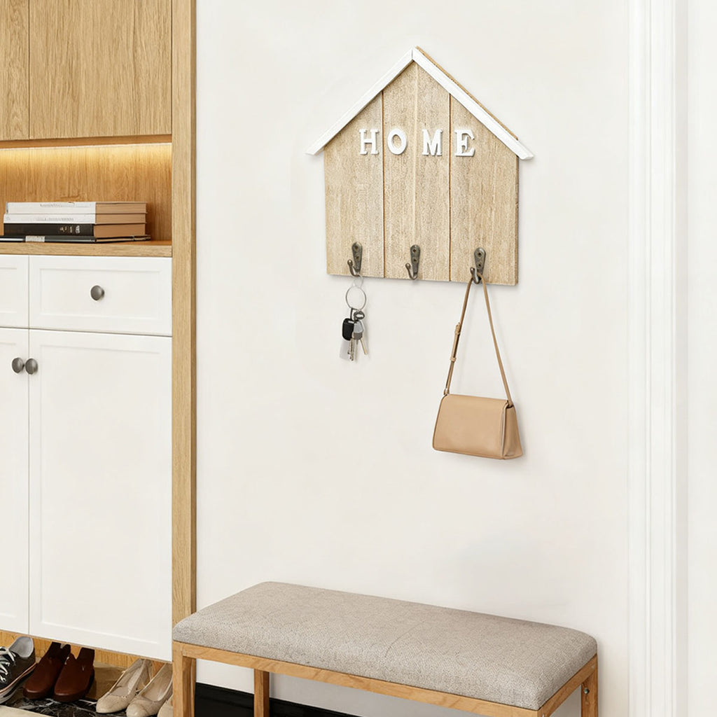 Alphynix Porte-clés en forme de maison 1 pièce, organisateur mural "MAISON" avec 3 crochets en métal vieilli, rangement d’entrée pour clés et courrier, bois